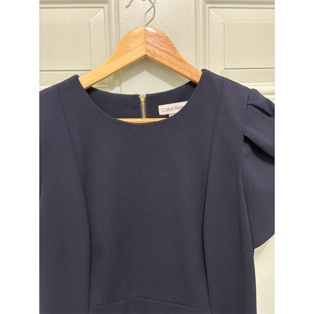 Calvin Klein Dress Womens Size 8 Navy Blue Sheath Midi Tulip Sleeve Zip - Picture 3 of 10